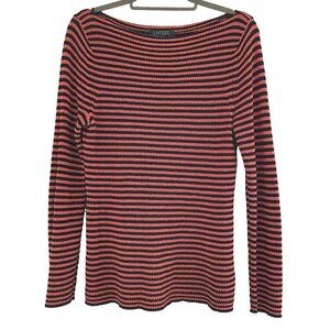 Lauren Ralph Lauren Orange and Blue Striped Boatneck Cotton Sweater
